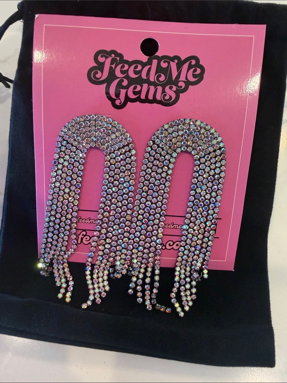 New Feed Me Gems Razzle Request Gunmetal Silver Crystal Fringe Earrings